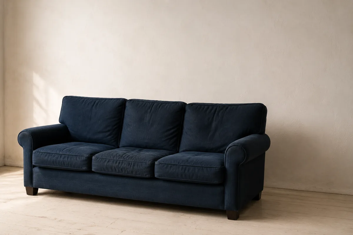 Navy three-seat couch against a warm neutral wall.