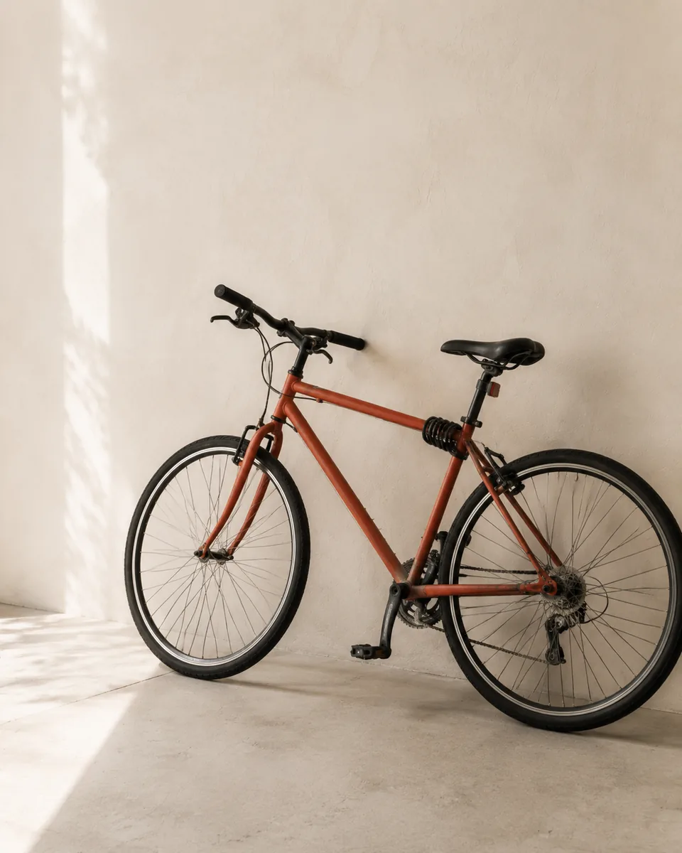 Persimmon bicycle leaning against a warm neutral wall.